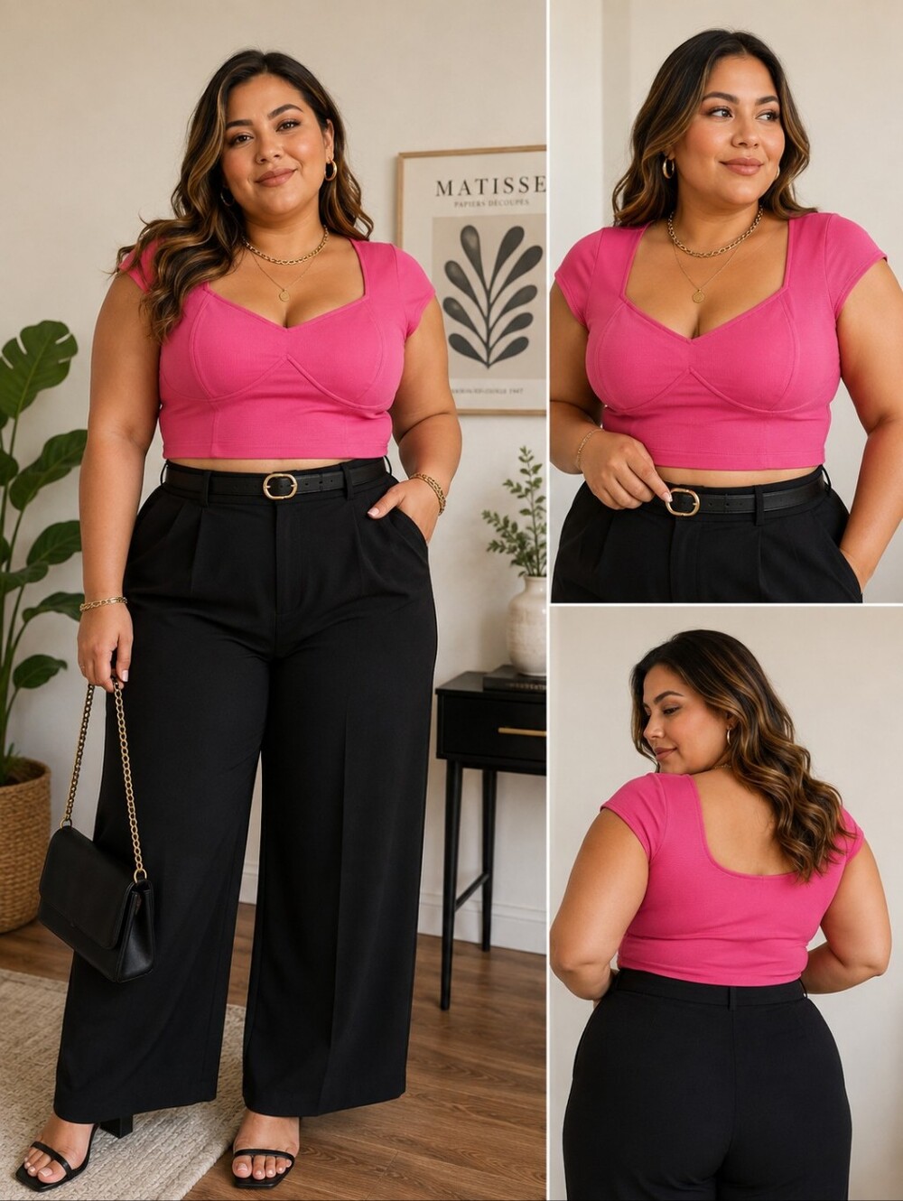 Plus Size Pink Scoop-Neck Crop Top and Wide-Leg Pants Set